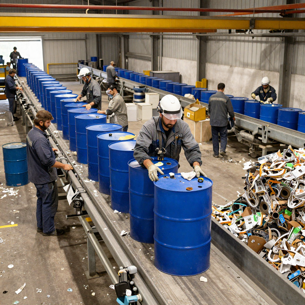 Efficient 55 gallon poly drum recycling in action at an industrial facility